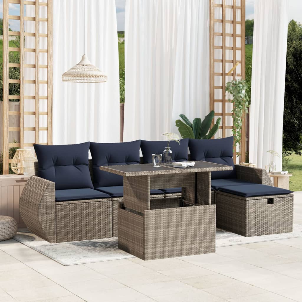 6-teiliges Gartensofa-Set mit Kissen, grau, Polyrattan