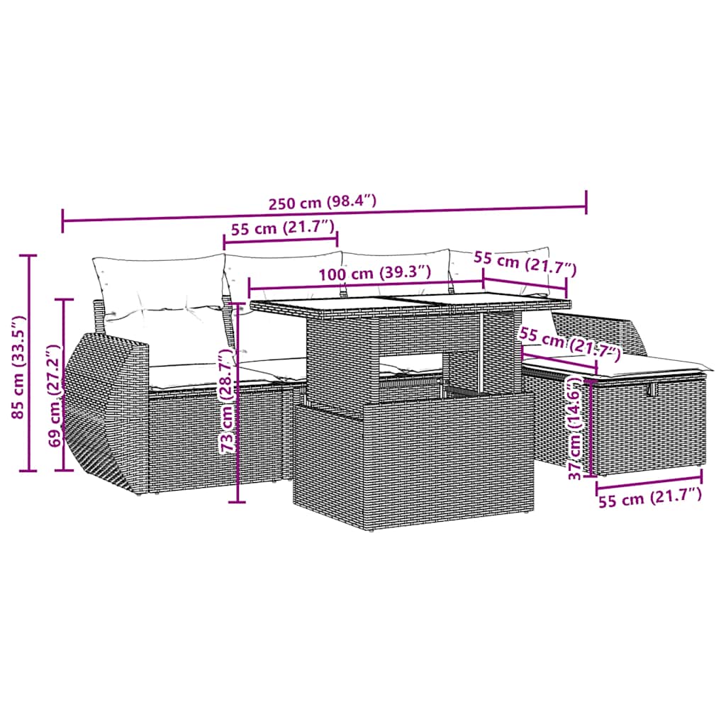 6-teiliges Gartensofa-Set mit Kissen, braun, Polyrattan