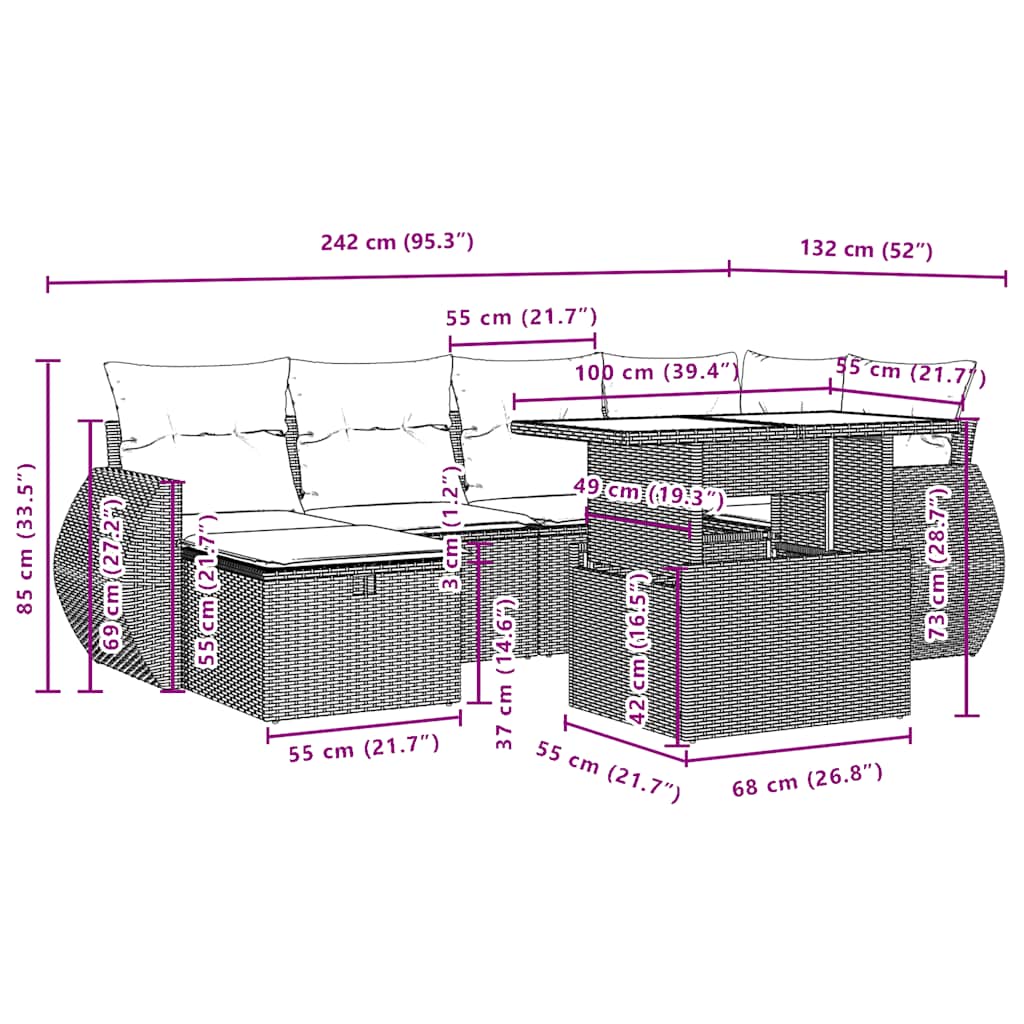 7-teiliges Gartensofa-Set mit Kissen, schwarzes Polyrattan