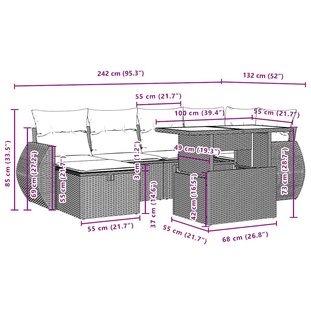7-teiliges Gartensofa-Set mit Kissen, grau, Polyrattan