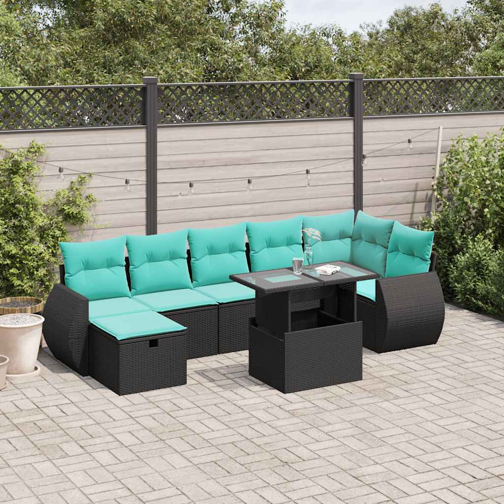 8-teiliges Gartensofa-Set mit Kissen, schwarzes Polyrattan