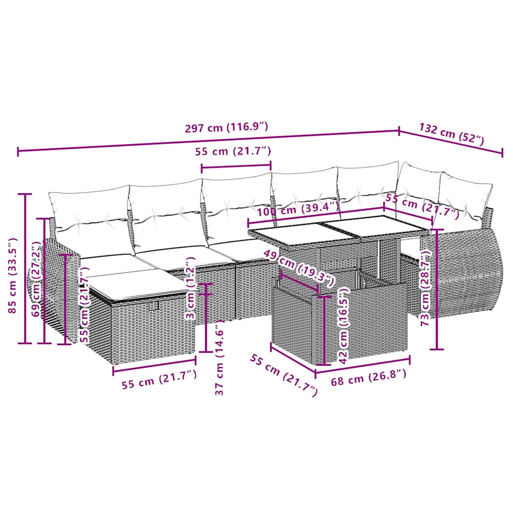 8-teiliges Gartensofa-Set mit Kissen, grau, Polyrattan