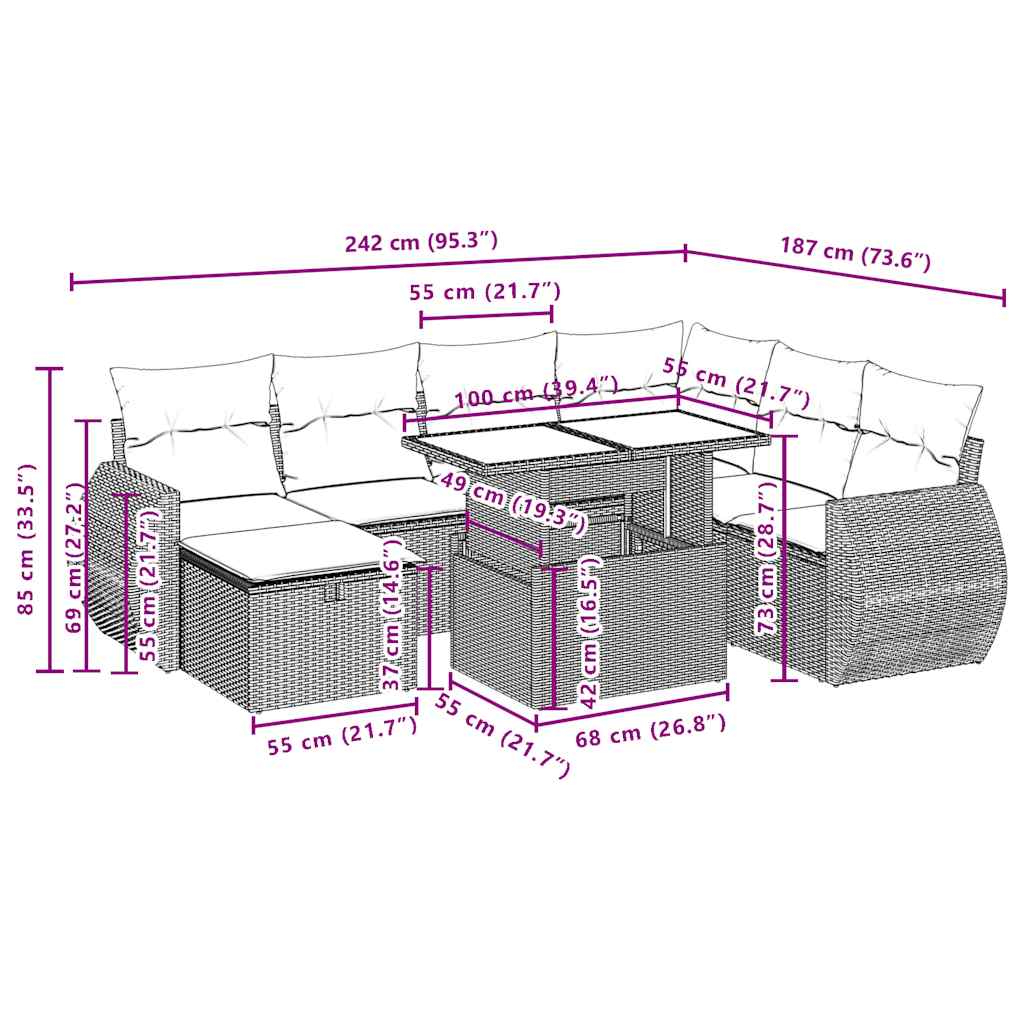 8-teiliges Gartensofa-Set mit Kissen, schwarzes Polyrattan