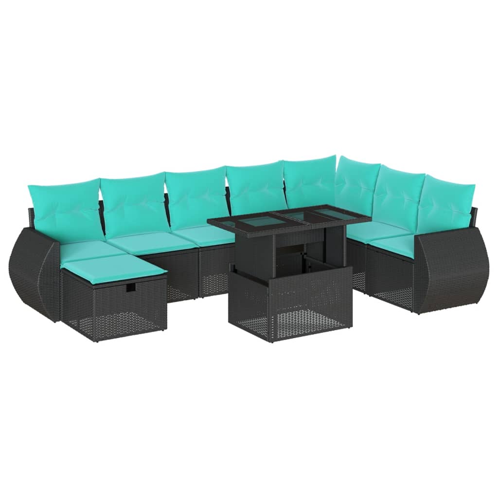 9-teiliges Gartensofa-Set mit Kissen, schwarzes Polyrattan