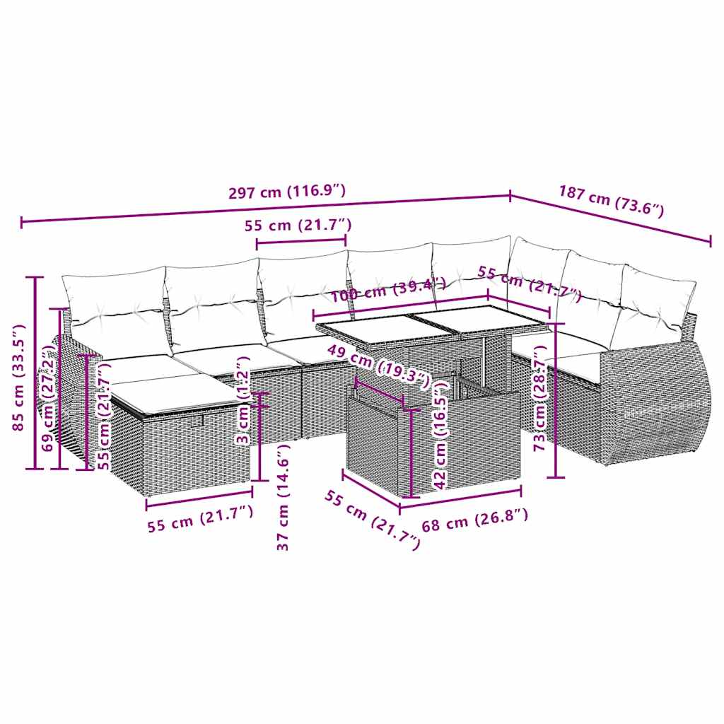 9-teiliges Gartensofa-Set mit Kissen, grau, Polyrattan