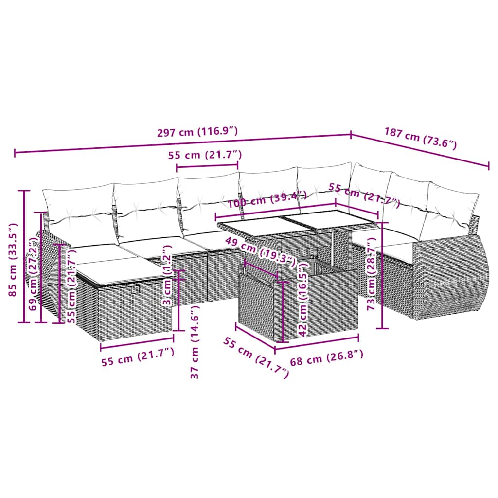 9-teiliges Gartensofa-Set mit Kissen, braun, Polyrattan