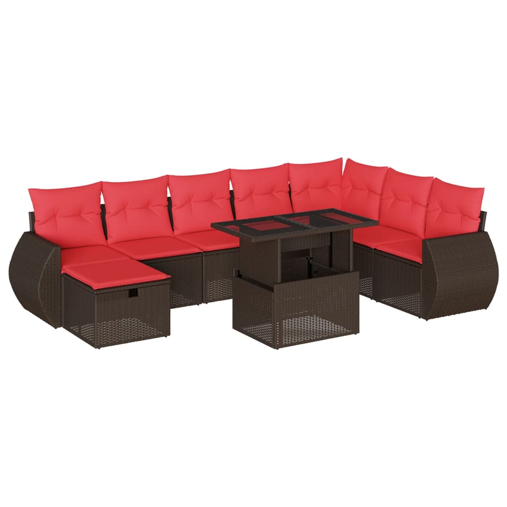 9-teiliges Gartensofa-Set mit Kissen, braun, Polyrattan