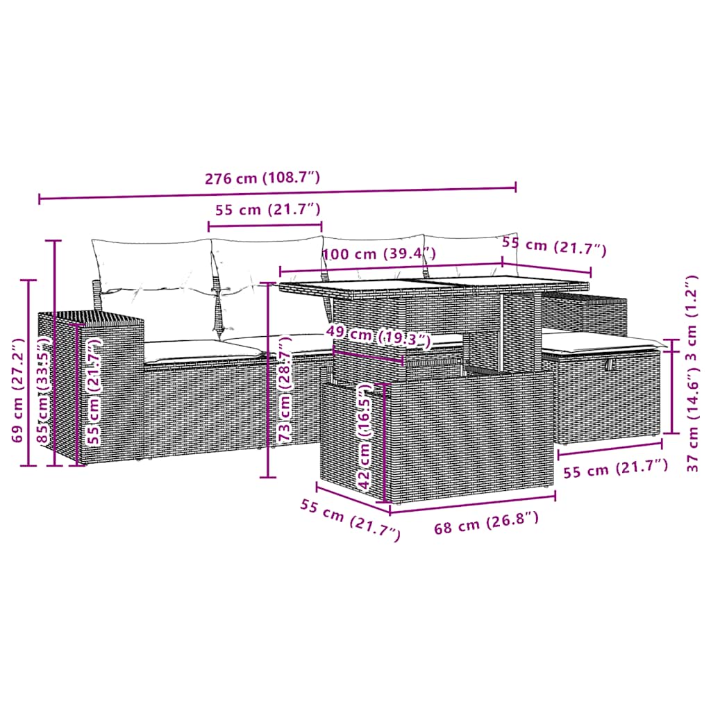 6-teiliges Gartensofa-Set mit Kissen, grau, Polyrattan