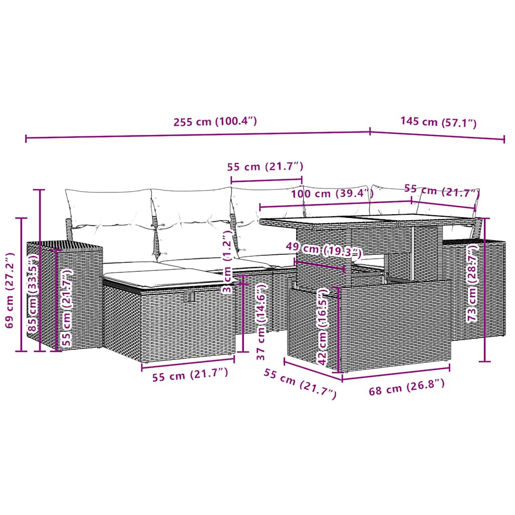 7-teiliges Gartensofa-Set mit Kissen, grau, Polyrattan