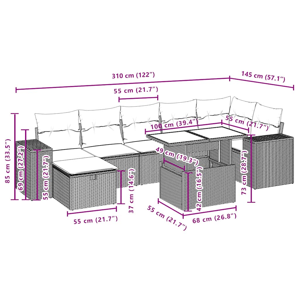 8-teiliges Gartensofa-Set mit Kissen, braun, Polyrattan
