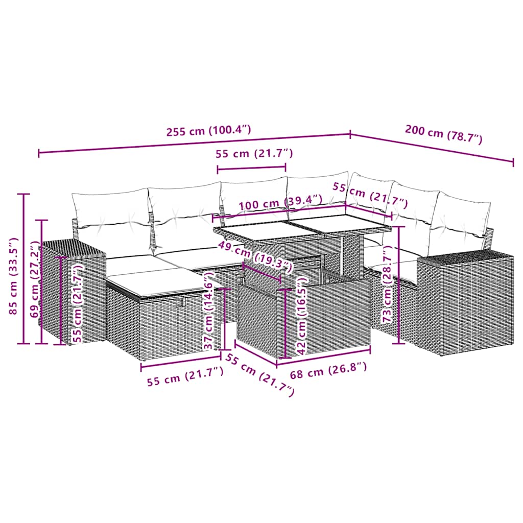 8-teiliges Gartensofa-Set mit Kissen, grau, Polyrattan