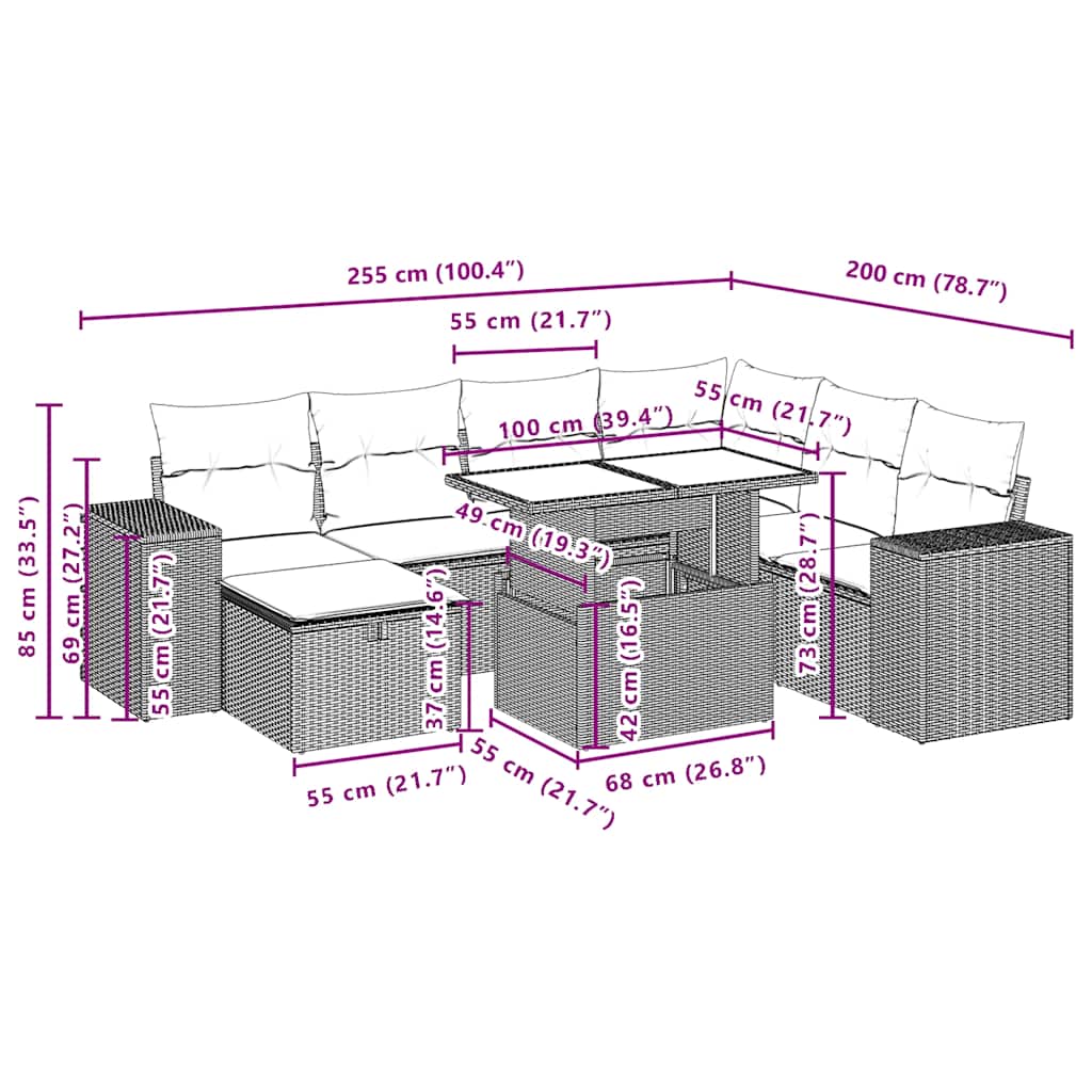8-teiliges Gartensofa-Set mit Kissen, braun, Polyrattan