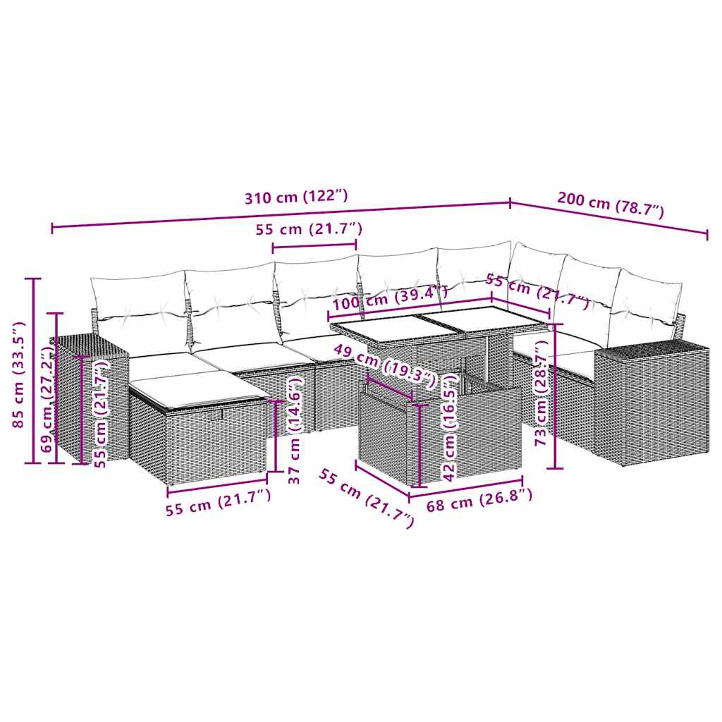 9-teiliges Gartensofa-Set mit Kissen, grau, Polyrattan