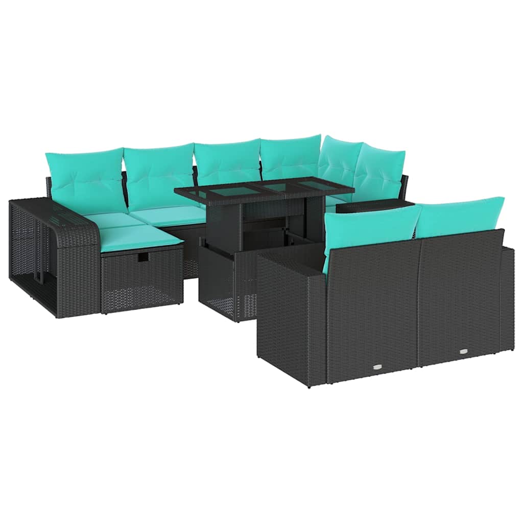 11-teiliges Gartensofa-Set mit Kissen, schwarzes Polyrattan