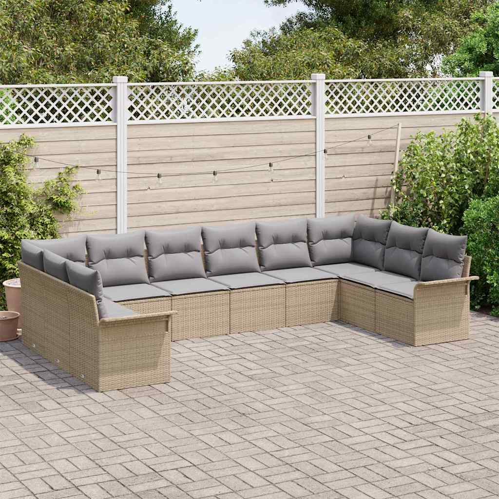 10-teiliges Garten Sofa Set mit Kissen Beige Poly Rattan