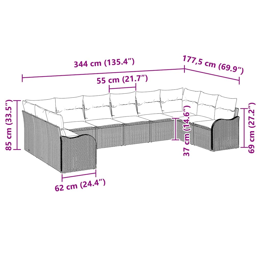 10-teiliges Garten Sofa Set mit Kissen Beige Poly Rattan