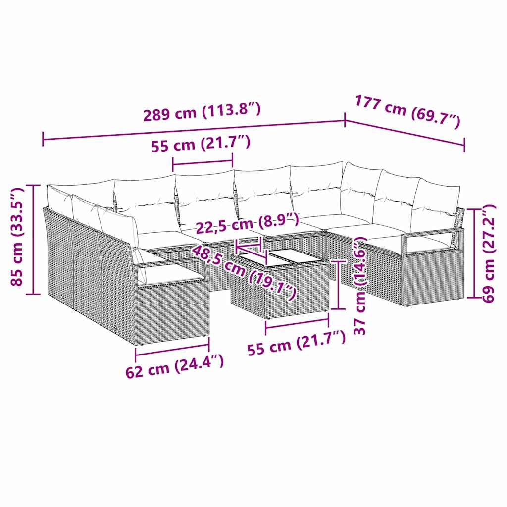 10-teiliges Garten Sofa Set mit Kissen Beige Poly Rattan