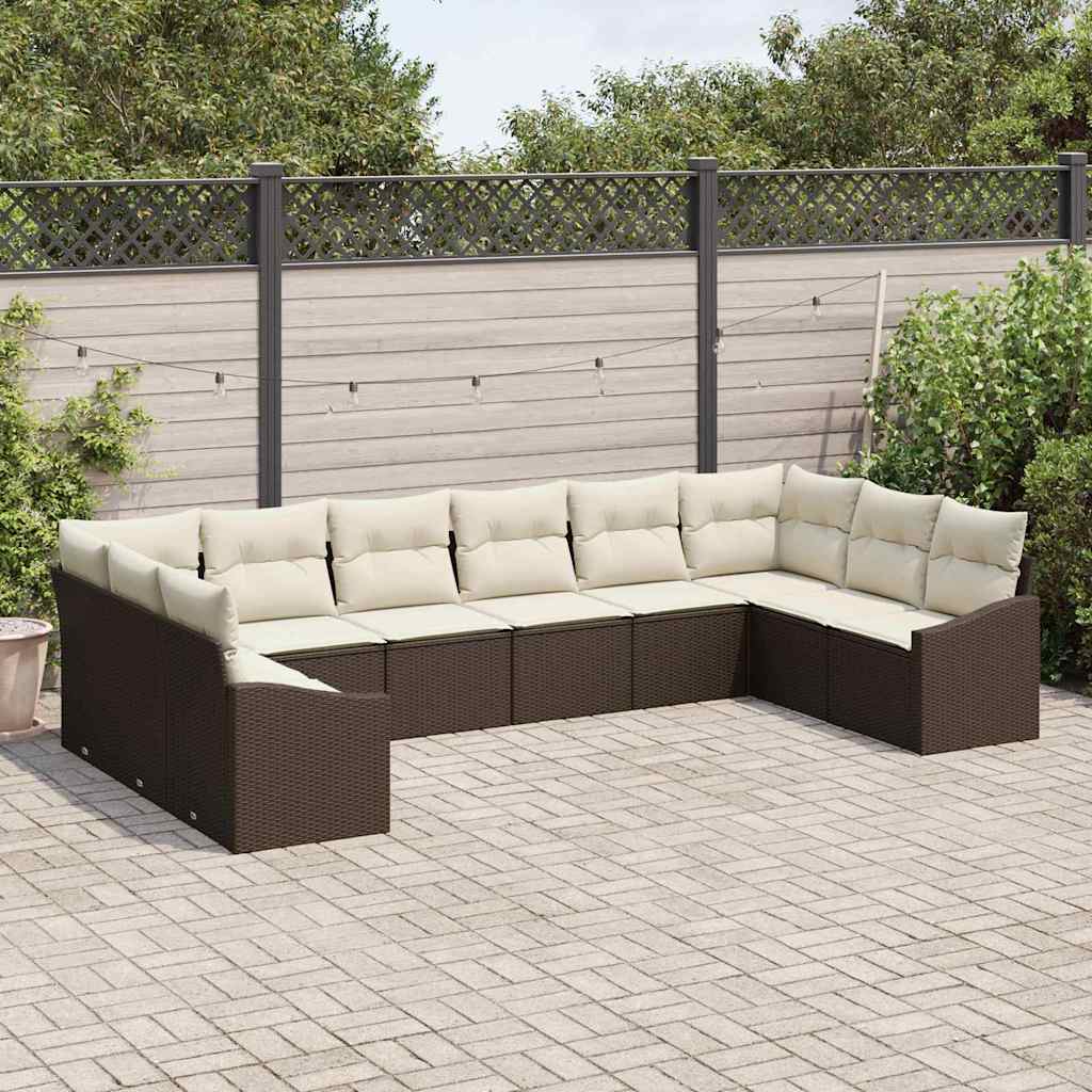 10-teiliges Garten Sofa Set mit Kissen Braun Poly Rattan