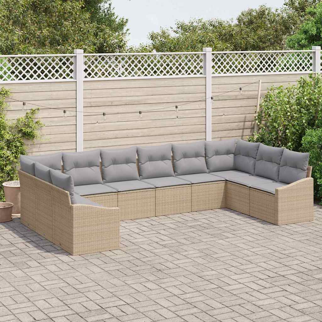 10-teiliges Garten Sofa Set mit Kissen Beige Poly Rattan