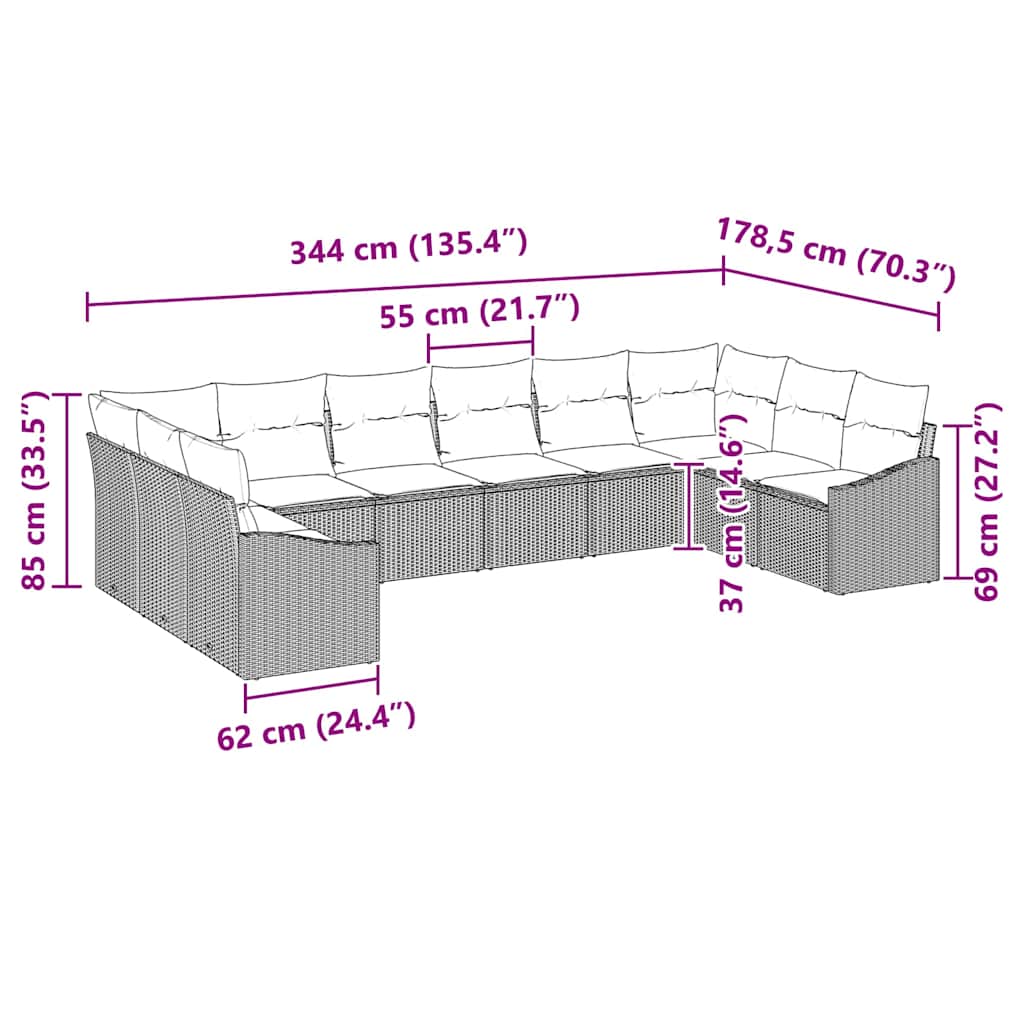 10-teiliges Garten Sofa Set mit Kissen Beige Poly Rattan