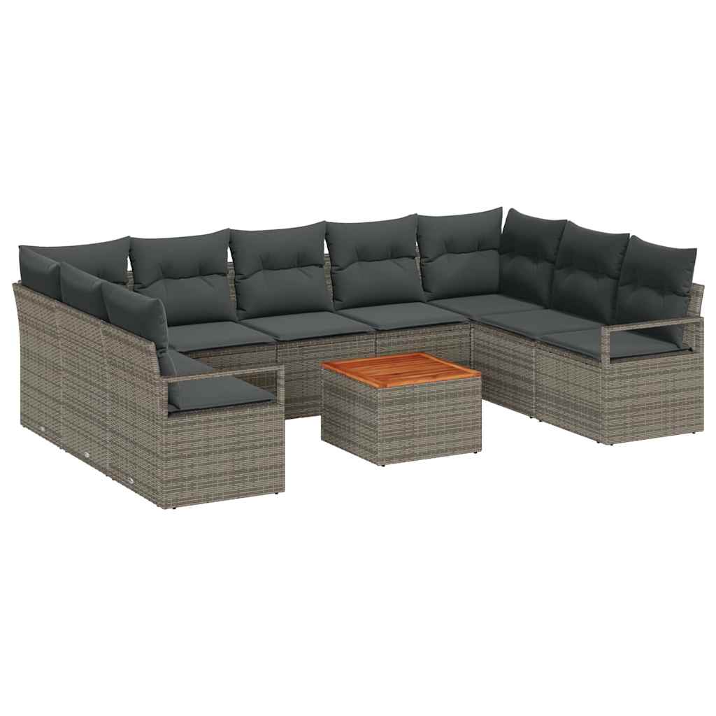 10-teilige Garten-Sofa-Garnitur mit Kissen in Grau aus Poly-Rattan