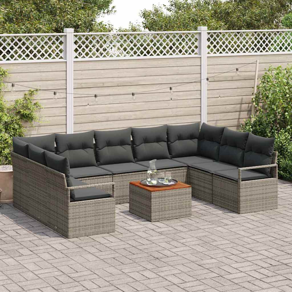 10-teilige Garten-Sofa-Garnitur mit Kissen in Grau aus Poly-Rattan