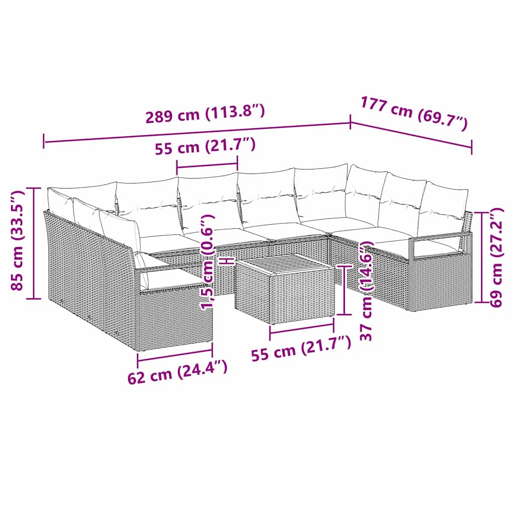 10-teilige Garten-Sofa-Garnitur mit Kissen in Grau aus Poly-Rattan
