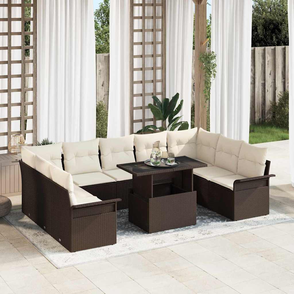 10-teiliges Garten Sofa Set mit Kissen Braun Poly Rattan