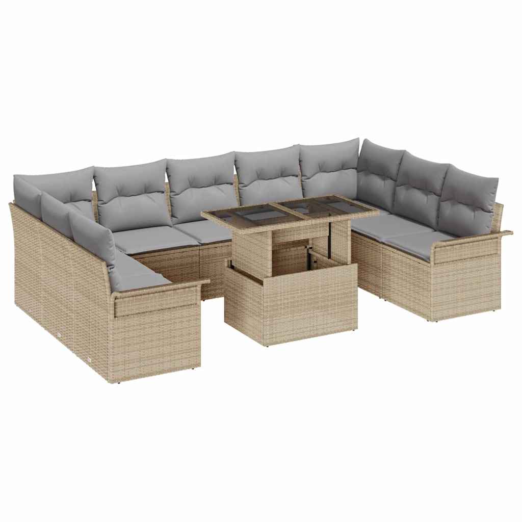 10-teiliges Garten Sofa Set mit Kissen Beige Poly Rattan