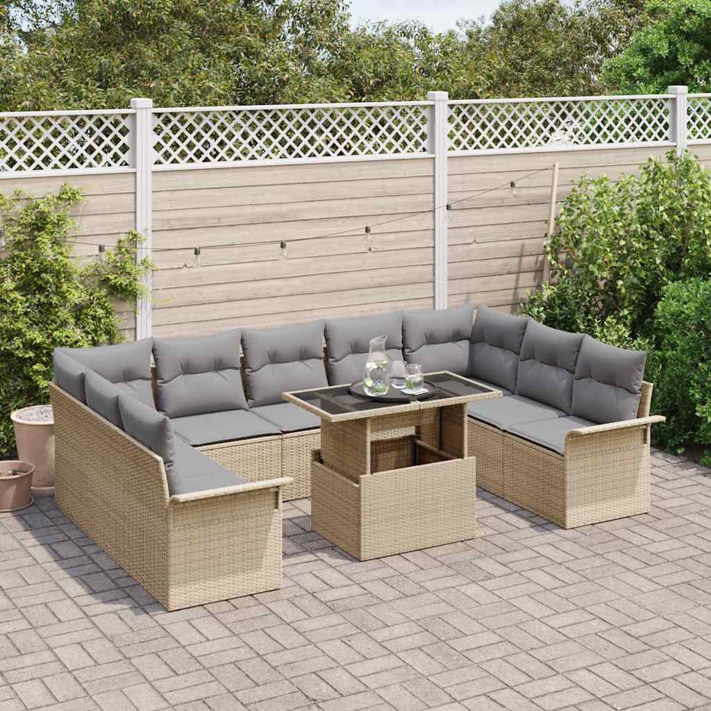 10-teiliges Garten Sofa Set mit Kissen Beige Poly Rattan