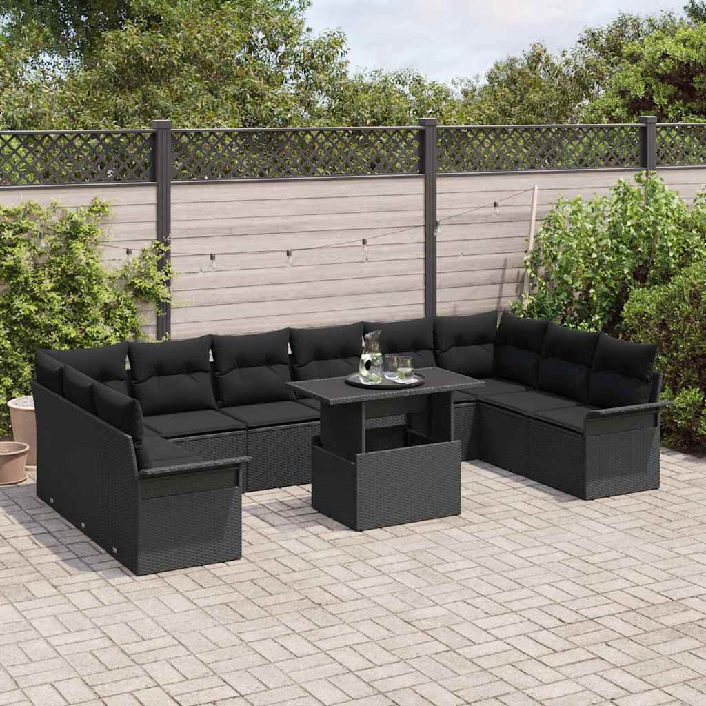 Garten-Sofa-Set mit Kissen 11 pcs Schwarz Poly Rattan