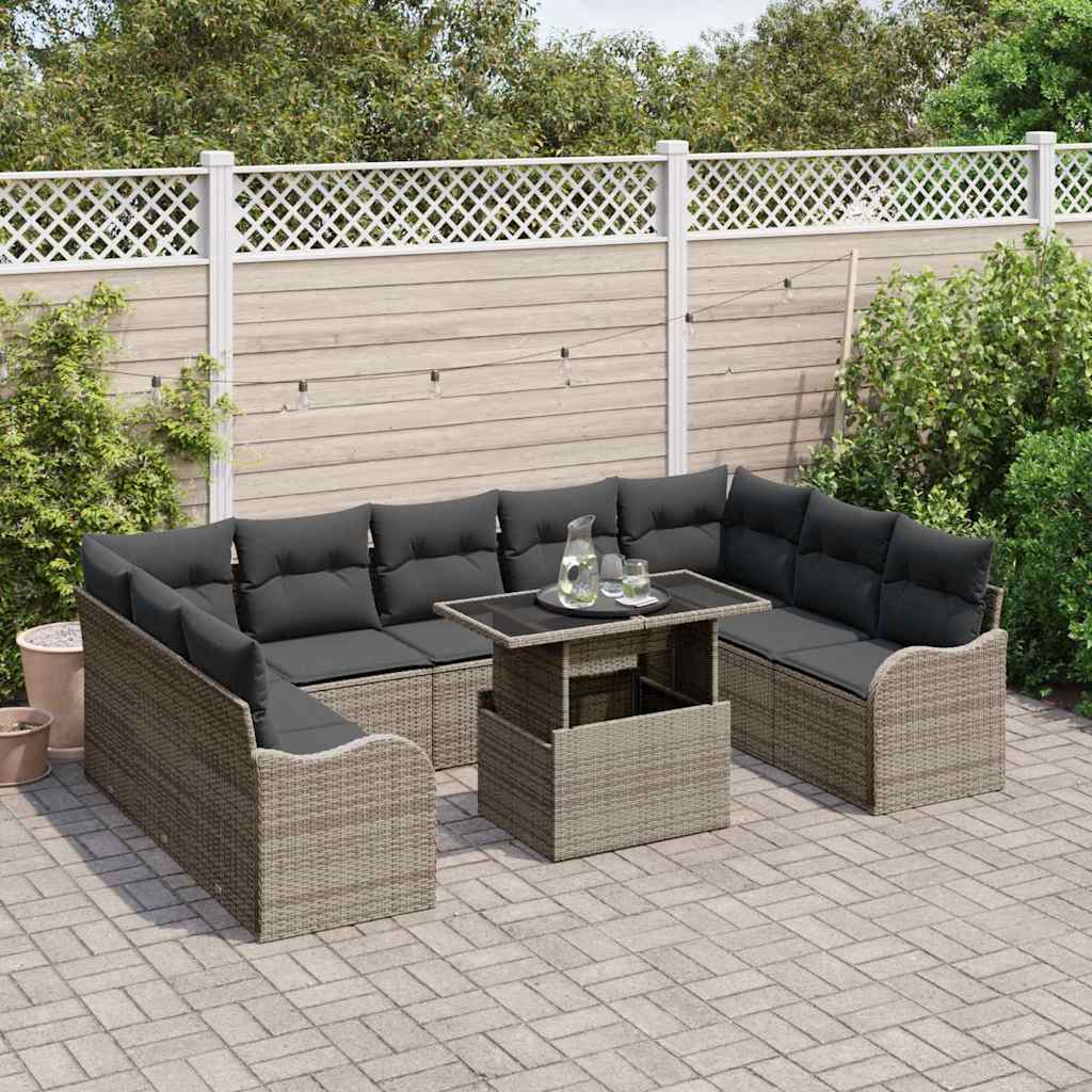 10-teilige Garten Sofa Set mit Kissen Grau Poly Rattan