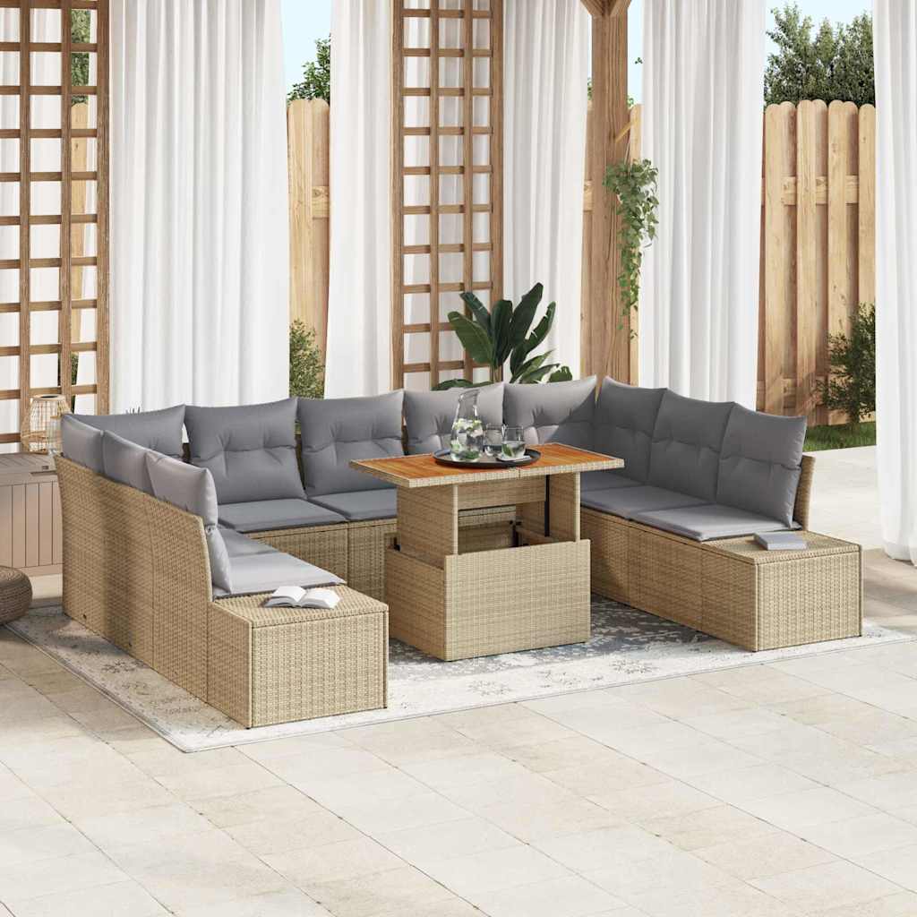 10-teiliges Garten Sofa Set mit Kissen Beige Poly Rattan