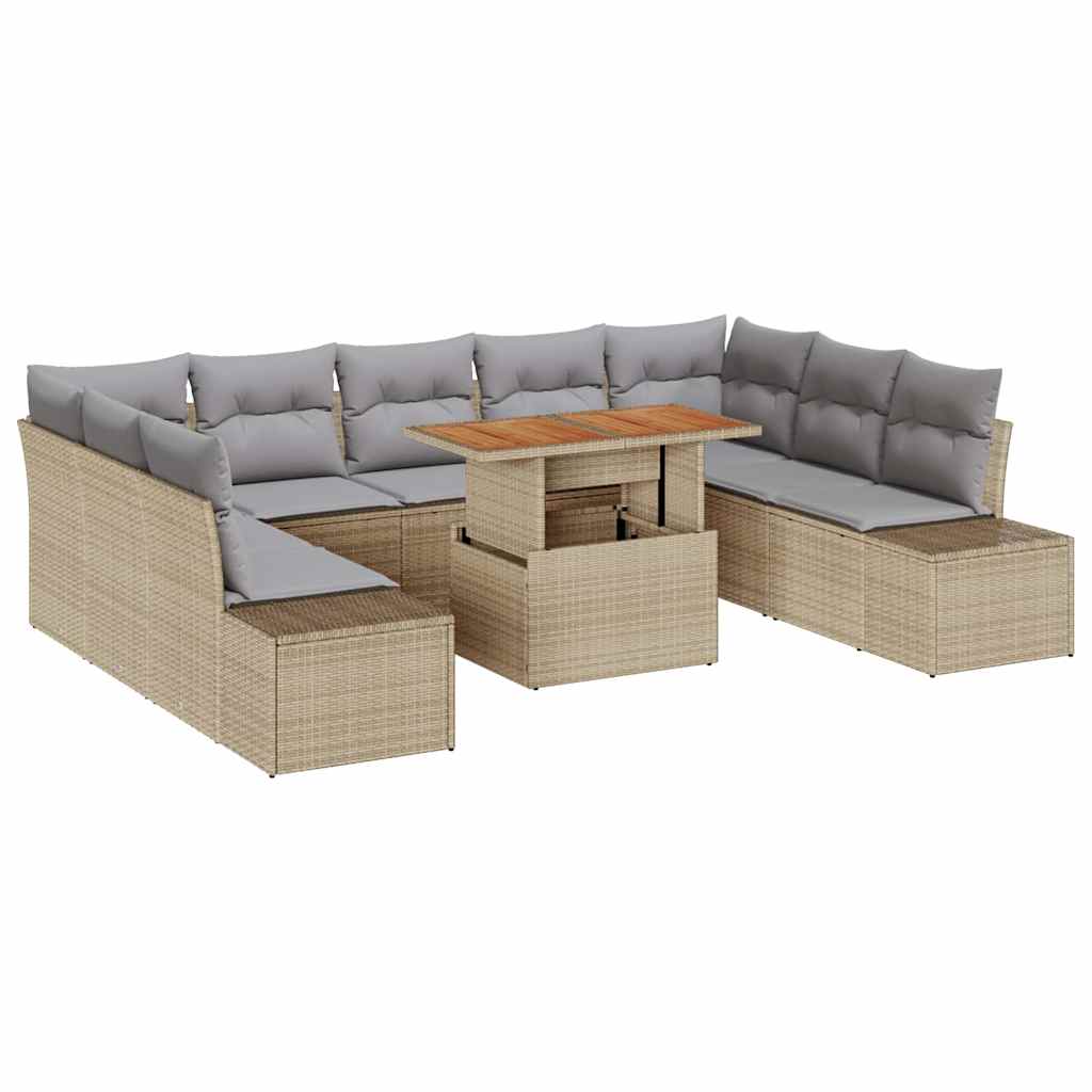 10-teiliges Garten Sofa Set mit Kissen Beige Poly Rattan