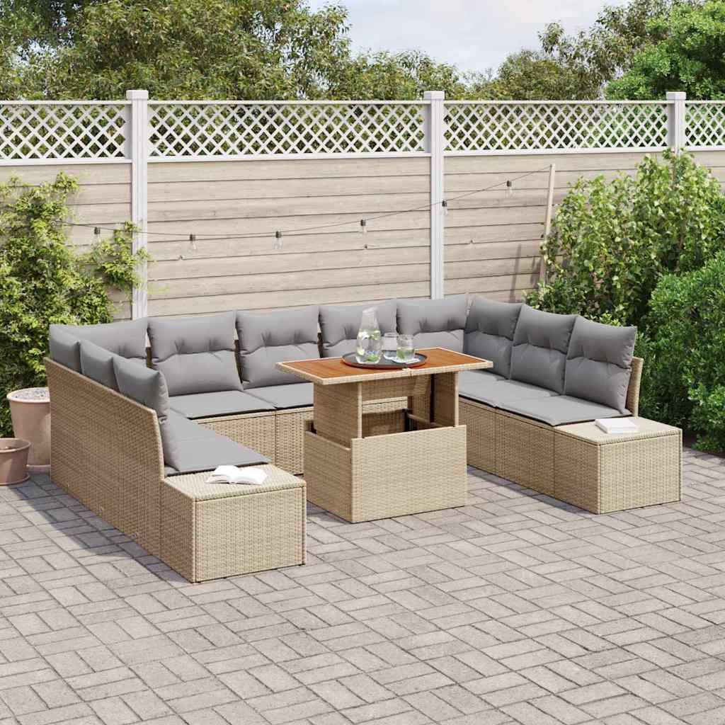 10-teiliges Garten Sofa Set mit Kissen Beige Poly Rattan