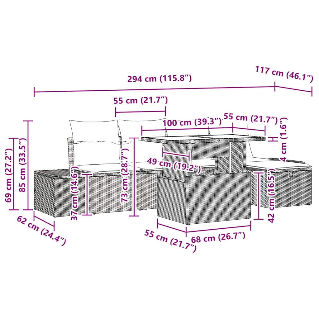 6-teiliges Garten-Sofa-Set Braun aus Poly-Ratten mit Kissen