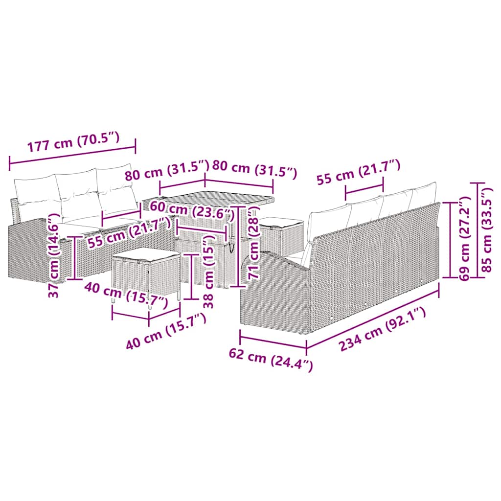 10-teiliges Garten Sofa Set mit Kissen Beige Poly Rattan Akazie