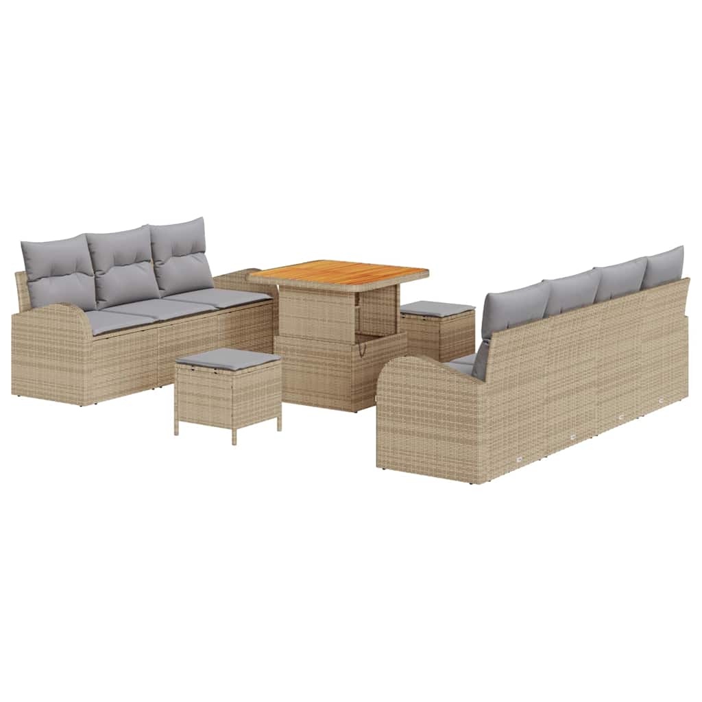 10-teiliges Garten Sofa Set mit Kissen Beige Poly Rattan Akazie