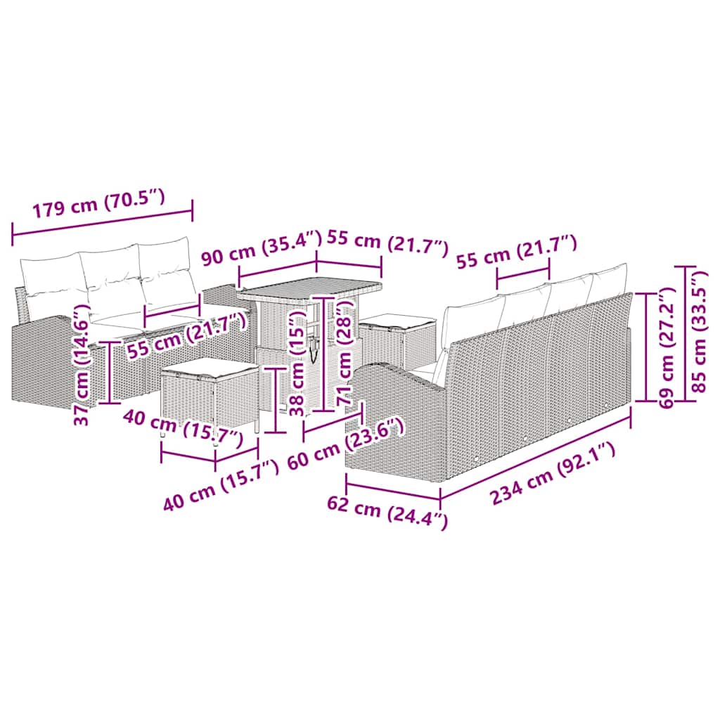 10-teilige Garten Sofa Set mit Kissen Schwarz Poly Rattan Akazie