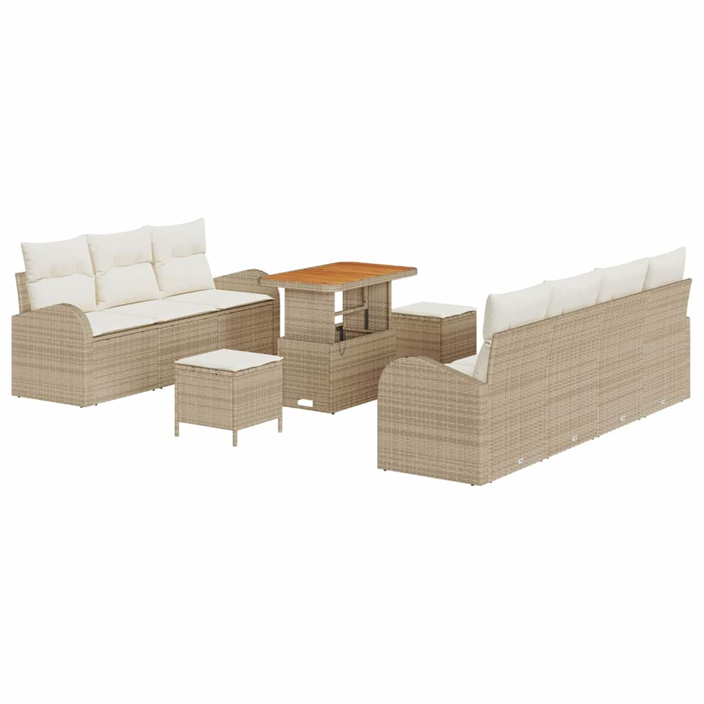 10-teiliges Garten Sofa Set mit Kissen Beige Poly Rattan Akazie