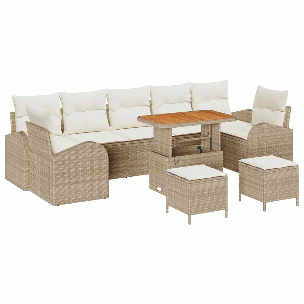 10-teiliges Garten Sofa Set mit Kissen Beige Poly Rattan Akazie