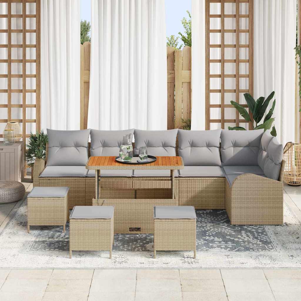 10-teilige Garten-Sofaset mit Kissen Beige Poly-Rattan Akazie