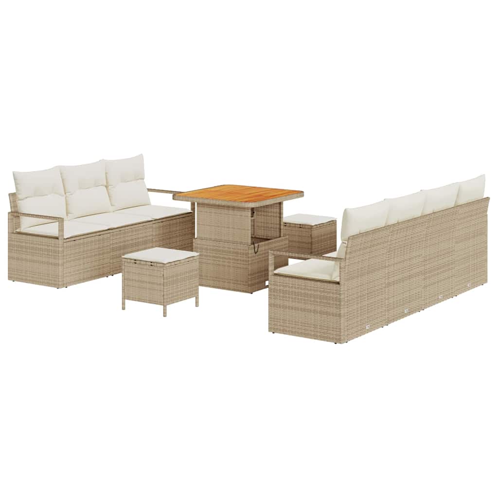 10-teiliges Garten Sofa Set mit Kissen Beige Poly Rattan Akazie