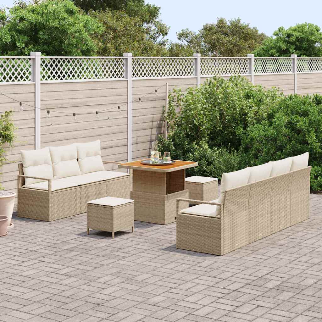 10-teiliges Garten Sofa Set mit Kissen Beige Poly Rattan Akazie