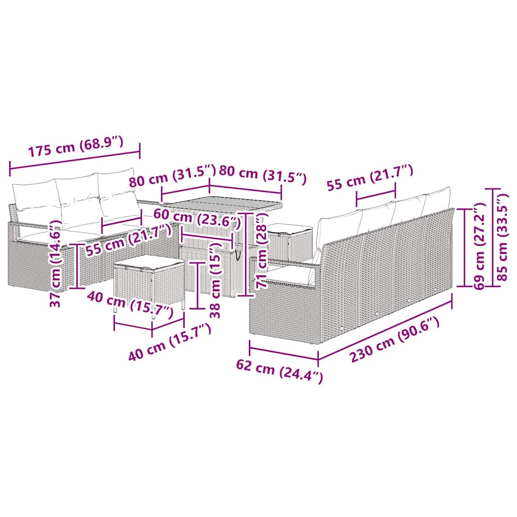 10-teiliges Garten Sofa Set mit Kissen aus grauem Poly-Rattan und Akazie