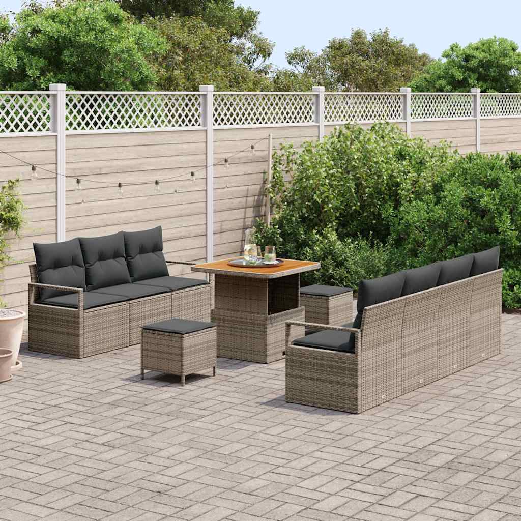 10-teiliges Garten Sofa Set mit Kissen aus grauem Poly-Rattan und Akazie