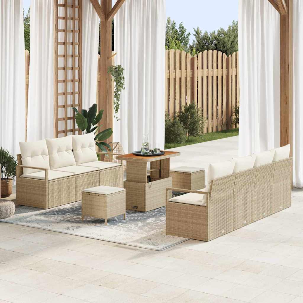 10-teiliges Garten Sofa Set mit Kissen Beige Poly Rattan Akazie
