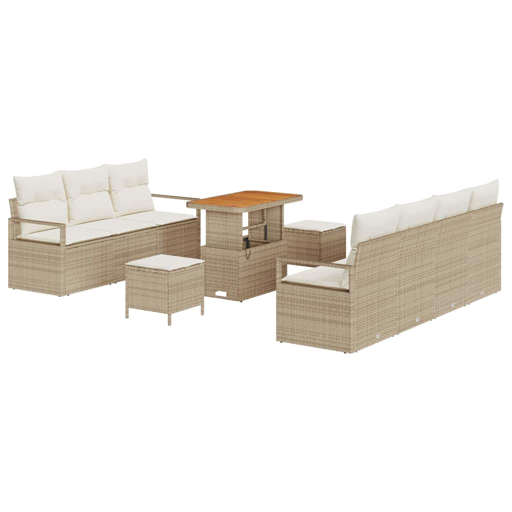 10-teiliges Garten Sofa Set mit Kissen Beige Poly Rattan Akazie