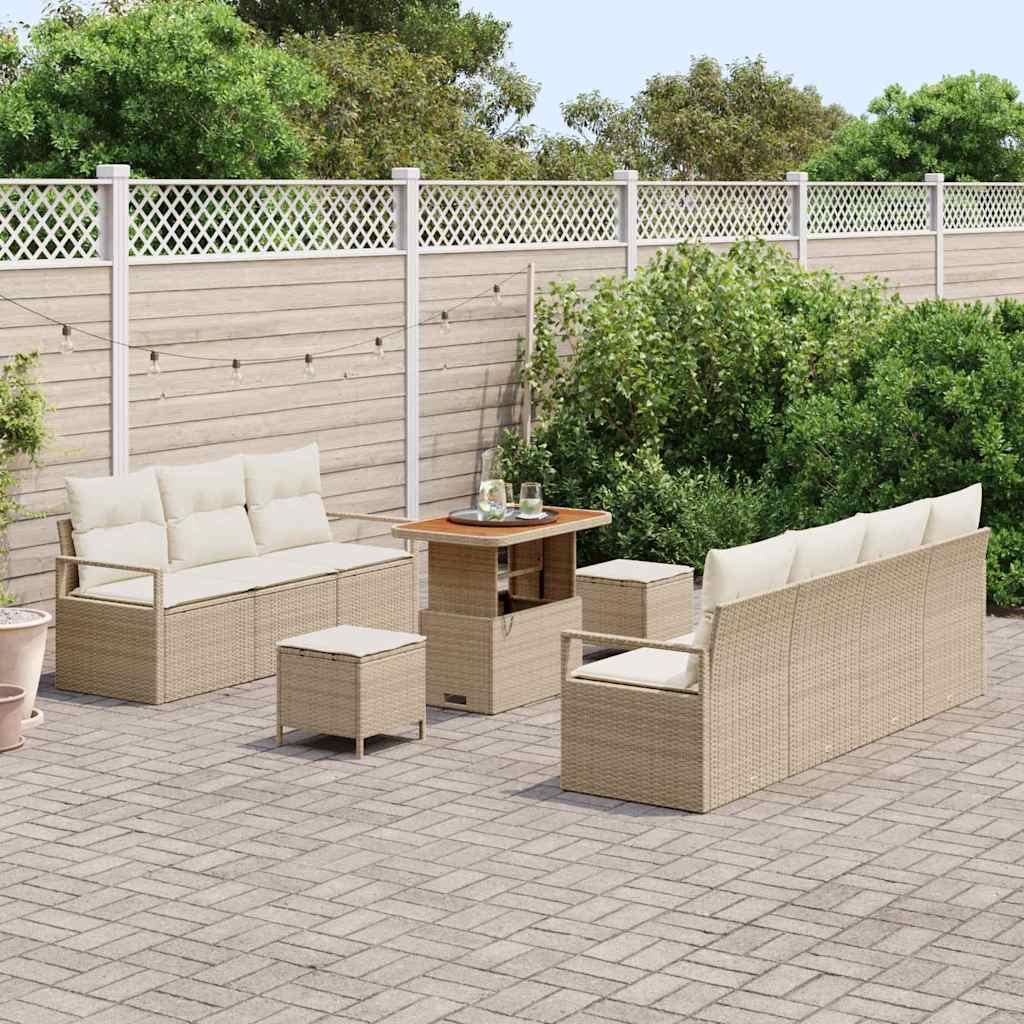 10-teiliges Garten Sofa Set mit Kissen Beige Poly Rattan Akazie