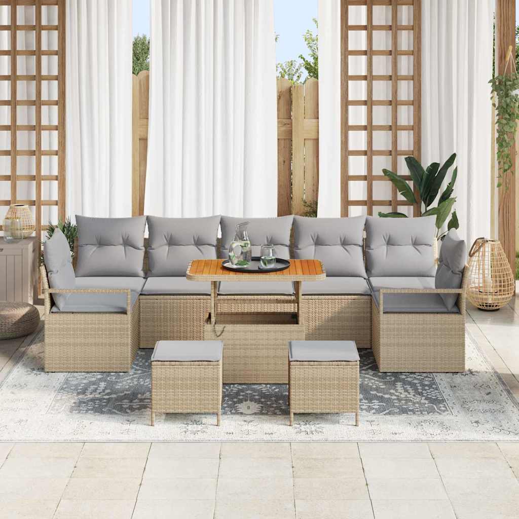 10-teilige Garten-Sofagarnitur mit Kissen in Beige, Poly-Rattan und Akazien